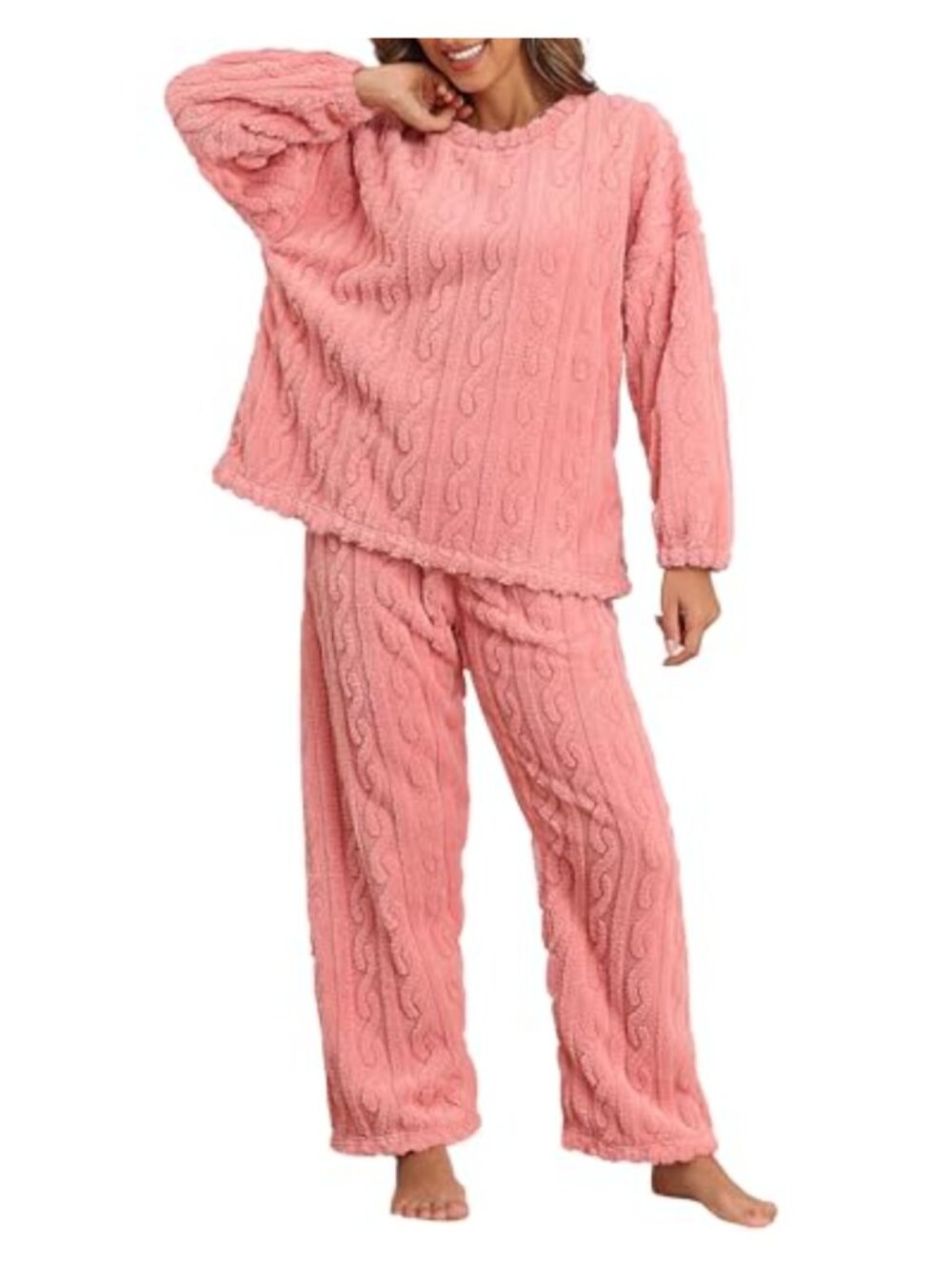 Fluffy Fleece Pajama Set Ribbed Plush Pullover & Pants Warm Lounge Sleepwear